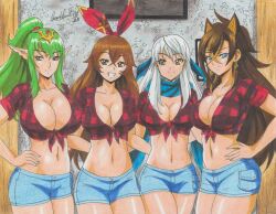 2022 4girls alternate_costume amber_(genshin_impact) big_breasts blue_eyes breasts casual checkered_clothes checkered_shirt cleavage commission contemporary cosplay crop_top cropped_shirt crossover dehya_(genshin_impact) denim denim_shorts female female_only fire_emblem fire_emblem:_radiant_dawn fire_emblem_awakening genshin_impact green_eyes hair_ribbon highres large_breasts long_hair looking_at_viewer lowleg lowleg_shorts medium_breasts micaiah_(fire_emblem) midriff multiple_girls navel nintendo pencil_(artwork) plaid plaid_shirt ravern_clouk ribbon shirt short_shorts shorts smile tied_shirt tiki_(adult)_(fire_emblem) tiki_(fire_emblem) twin_peaks_(restaurant) yellow_eyes