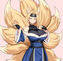 antares_topaz blonde_hair cosplay fox_ears fox_girl fox_tail horny huge_breasts kitsune ninja ran_yakumo tail touhou