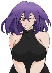 big_breasts black_dress horny_female kinsou_no_vermeil light-skinned_female milf mommy portrait purple_hair red_eyes solo_female succubus vermeil vermeil_(kinsou_no_vermeil) vermeil_in_gold wide_hips wink wokecobo