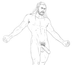 1boy abs balls bara bare bear beard big_balls big_penis blonde_hair bound breasts captured chris_hemsworth digital_media_(artwork) erect_nipples erection exposed gay human human_only light-skinned_male light_skin long_hair looking_at_viewer male male_only marvel marvel_cinematic_universe muscular muscular_male naked nipples nude pecs penis pubic_hair seductive sketch standing sweat thor_(marvel) thor_(series) you_flicked_too_hard_dammit