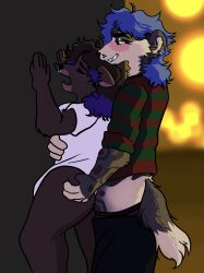 anthro canid canine canis domestic_dog duo female freddy_krueger halloween hi_res holidays hyaenid male male/female mammal nightmare_on_elm_street piercing public public_sex sex