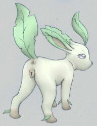 2016 animal_genitalia animal_pussy animew anus ass canine_pussy eeveelution female feral generation_4_pokemon genitals hi_res leafeon nintendo pokemon pokemon_(species) presenting presenting_hindquarters pussy raised_tail rear_view simple_background solo standing video_games white_body