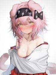 1girls animal_ear_fluff animal_ears arknights black_bow black_hairband blush braid breasts breasts_out cat_ears cat_girl cat_tail collarbone embarrassed floopy_ears fluffy_tail goldenglow_(arknights) hair_ornament hairband hairbow hairclip hakama japanese_clothes japanese_clothing light-skinned_female light_skin lightning_bolt_symbol long_sleeves medium_breasts nipples pink_hair short_hair shy side_braid simple_background solo solo_female tab_head tagme white_background white_bow wide_sleeves yellow_eyes