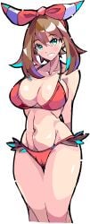 1girls alternate_breast_size alternate_eye_color bikini breasts brown_hair cleavage enpe female game_freak green_eyes hips huge_breasts large_breasts light-skinned_female light_skin long_hair may_(pokemon) may_(pokemon_oras) nintendo pokemon pokemon_oras red_bikini ribbon ribbon_in_hair simple_background slim_waist smile thick_thighs thighs wide_hips