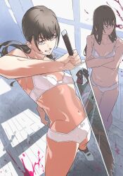 2girls black_hair bra chainsaw_man female female_only long_hair mitaka_asa panties pretty_purin164 scar scar_on_face small_breasts standing sword underwear white_bra white_panties yoru_(chainsaw_man)