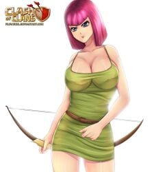 archer_(clash_of_clans) belt big_breasts bow_(weapon) breasts clash_(series) clash_of_clans clothed clothed_female clothing curvy flowerxl fully_clothed fully_clothed_female green_dress logo pink_hair purple_eyes shiny shiny_skin simple_background supercell tagme tight_clothing white_background wide_hips