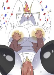 arthropod arthropod_humanoid big_breasts black_legwear confetti good_waist-hip_ratio groping_breasts legwear nishikun party_hat penis pheromosa pokemon pokemon_(species) reverse_cowgirl_position sentones touching_breast white-skinned_female white_skin