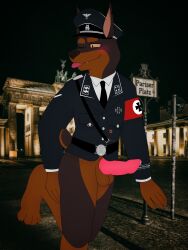 absurd_res anthro armband bad_foxs balls bodily_fluids bottomless bottomwear bottomwear_down canid canine canis clothed clothing cum dobermann domestic_dog erection erection_under_clothing ernst ernst_(doberman) feet genital_fluids genitals german germany hi_res male male/male mammal nazi nazi_armband nazi_uniform necktie pants pants_down partially_clothed penile penis pinscher solo ss tongue tongue_out uniform