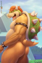 2022 2_horns anthro armband ass big_ass big_butt black_armband black_bracelet black_collar black_pupils blurred_background bowser bracelet chicobo claws collar cute_fangs detailed_background finger_claws green_body green_scales green_shell hair hi_res horn jewelry koopa looking_at_viewer male male_only mario_(series) muscular muscular_anthro muscular_male nintendo nipples nude open_mouth outside overweight overweight_anthro overweight_male pupils red_eyes red_hair scales scalie shell side_view smile solo solo_male spiked_armband spiked_bracelet spiked_collar spiked_shell spikes spikes_(anatomy) super_mario_bros. tan_body tan_nipples tan_scales thick_thighs veiny_muscles video_games white_body white_claws white_horn white_scales yellow_body yellow_scales