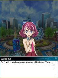 blue_eyes casual_nudity casual_topless collar female mod nipple_piercing nipples nonsexual_nudity pink_hair red_skirt red_tie rochestedorm skirt small_breasts smug smug_face smug_smile text tie yu-gi-oh! yu-gi-oh!_arc-v yu-gi-oh!_duel_links zuzu_boyle