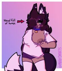 :3 big_breasts brown_hair collar dark-skinned_female dog_collar dog_ears dog_girl dog_tail horny kaitlin_(pairofcarkeys) nipple_bulge nipples_visible_through_clothing no_pants no_sclera pairofcarkeys revealing_breasts sticking_out_tongue tongue_out