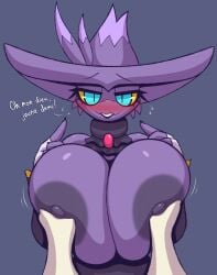 areola big_areola big_breasts big_nipples blush breast_grab breast_groping breast_out breast_squish breasts cleavage clothed clothing dark_nipples dialogue facial_scar female french_text gem generation_4_pokemon ghost gigantic_breasts hand_on_breast hat headgear headwear hi_res holding_breast huge_areolae huge_breasts huge_nipples humanoid jewelry lips looking_at_viewer mismagius mostly_nude naomi_(r-mk) nintendo nipples offscreen_character offscreen_female partially_clothed pokemon pokemon_(species) pokemon_focus r-mk scar spirit squish text video_games