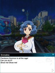 areolae blue_hair breasts edited emmeline english_text female huge_breasts mod nipples nipples_visible_through_clothing red_eyes ripped_clothing ripped_shirt rochestedorm smile text yu-gi-oh! yu-gi-oh!_arc-v yu-gi-oh!_duel_links