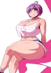 ass belly_button big_ass big_breasts breasts cleavage crop_top curvy cute mrsakai purple_hair ryousakai shadow simple_background smile thick_thighs white_background wide_hips yukino_akaihi yukino_memories