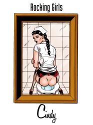 black_hair brown_eyes female high_heels looking_back nicky nurse nurse_uniform stockings toilet