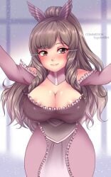 1girls alternate_costume alternate_hairstyle breasts brown_eyes brown_hair cleavage female female_only female_pubic_hair fire_emblem fire_emblem_awakening hug incoming_hug large_breasts long_hair looking_at_viewer nintendo open_mouth ponytail pov pov_hug smile solo sugarbell sumia_(fire_emblem) thighs