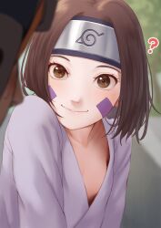 1boy1girl bangs blurry blurry_background blush breast_slip breasts brown_eyes brown_hair clueless collarbone cute cute_face downblouse embarrassed forehead_protector highres konohagakure_symbol kunoichi looking_at_viewer mil_k_vanilla naruto naruto_(series) naruto_shippuden ninja no_bra nohara_rin parted_bangs petite petite_body short_hair small_breasts smile solo_focus uchiha_obito