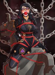 1girls arms_tied_behind_back ball_gag bayonetta bayonetta_(character) bayonetta_3 black_dress black_hair blue_eyes bondage breasts chains crotch_rope dress earrings feather_trim gag gagged glasses highlights_(coloring) large_breasts legs_tied mole_under_mouth one_eye_closed pantyhose red_highlights rope rope_bondage skelebomb twin_braids twintails wooden_horse