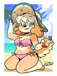 1girls 2d 2d_(artwork) alcohol animal_humanoid animal_nose beach belly_button beverage big_breasts bikini bikini_bottom bikini_top black_outline blue_eyes blush blush_lines blushing blushing_at_viewer body_blush breasts brown_body brown_fur brown_skin cartoony chest_tuft clothing clouds color colored dog dog_girl dog_tail female female_focus female_only full_body fully_clothed fur happy hat headgear headwear holding holding_object large_tail liquid looking_at_viewer mole ocean on_knees outline palm_tree paws pink_clothing pink_outfit rosie_(ziggy_fox) safe_for_work sand sea seaside seated sitting sitting_down small_breasts smiling smiling_at_viewer solo_female sun_hat tail tilted_headwear tropical two_piece two_piece_swimsuit waves ziggy_fox ziggy_fox_(artist)