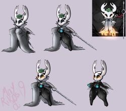 anthro areola arthropod big_breasts blue_areola blue_body breasts clothed clothing female genitals grey_clothing hollow_knight horn huge_thighs insects melee_weapon nipples nude pussy signature solo succubusbnny sword team_cherry thick_thighs vessel_(species) video_games weapon white_body