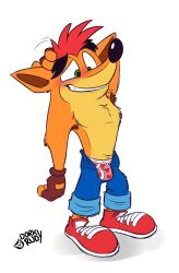 1boy 2022 activision anthro armpit_hair bandicoot black_eyebrows black_nose blank_background blue_shorts blush bottomwear boxers boxers_(clothing) brown_fingerless_gloves brown_gloves bulge clothing crash_(series) crash_bandicoot crash_bandicoot_(series) dorkyrudy fingerless_gloves footwear full_body fur furry furry_only gloves green_eyes grin hairy_armpits handwear heart_boxers heart_underwear male male_focus male_only marsupial nervous nervous_grin nervous_smile orange_fur pink_boxers pink_underwear red_hair red_shoes red_sneakers scratching_head shoes shorts simple_background smile smiley_face smiling sneakers solo solo_focus solo_male tagme tan_fur underwear unzipped unzipped_shorts white_background