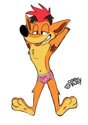 1boy 2021 3_toes activision anthro armpit_hair arms_behind_back arms_behind_head arms_up bandicoot black_eyebrows black_eyes black_nose blank_background boxers boxers_(clothing) crash_(series) crash_bandicoot crash_bandicoot_(series) dorkyrudy full_body fur furry furry_only grin hairy_armpits heart_boxers heart_underwear male male_focus male_only marsupial orange_fur paws pink_boxers pink_underwear red_hair simple_background solo tagme tan_fur tongue tongue_out underwear white_background