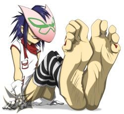 asian big_feet blue_hair clothing dazidentevil feet female foot_fetish gorillaz human kitsune_mask noodle_(gorillaz) noodle_(plastic_beach) pale_skin pocket_dress red_nails red_scarf smile soles striped_socks toe_ring white_gloves wrinkled_soles