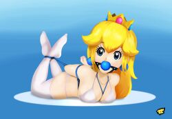 1girls ball_gag blonde_hair blue_background blue_eyes bondage bound bra breasts crown earrings female female_only femsub fully_clothed gag gagged hogtie large_breasts long_hair looking_at_viewer mario_(series) nintendo painted_fingernails panties princess_peach rope rope_between_breasts rope_bondage sharpffffff stockings thighhighs white_bra white_panties white_thighhighs