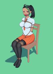 1girls arms_tied_behind_back ball_gag black_hair bondage breasts brown_eyes chair crotch_rope gag gagged large_breasts legs_tied looking_at_viewer nemona_(pokemon) nintendo pokemon pokemon_sv ponytail ribbon_in_hair rope rope_between_breasts rope_bondage school_uniform sitting_on_chair starlitewarrior thighhighs