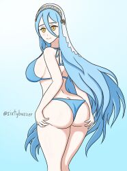 alternate_costume ass azura_(fire_emblem) bikini blue_bikini blue_swimsuit female female_only fire_emblem fire_emblem_fates looking_at_viewer nintendo sideboob sixtybuzzer solo swimsuit