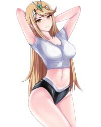 1girls arms_up black_shorts blonde_hair breasts langspower large_breasts long_hair looking_at_viewer midriff mythra navel nintendo shirt shorts stretching tiara white_shirt xenoblade_(series) xenoblade_chronicles_2 yellow_eyes