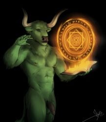 anthro bgn bovid bovine cattle closed_eyes ear_piercing flaccid foreskin fur genitals green_body green_fur hi_res horn magic male mammal mandala nipple_piercing nipples open_book penis piercing rintrah_(marvel) solo