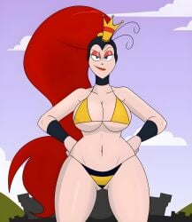 1girls antennae belly_button big_breasts bikini bikini_bottom bikini_top breasts comical_weapon crown earthworm_jim_(franchise) eyebrows_raised eyeshadow female hands_on_hips humanoid light-skinned_female princess_what's-her-name red_eyeshadow red_hair seductive_look seductive_smile smile stomach thick_thighs thigh_gap wide_hips