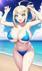 1girls ai_generated akamatsu_kaede bad_anatomy beach bikini blonde_hair danganronpa female female_only large_breasts multi_digit multi_finger nai_diffusion stable_diffusion voluptuous