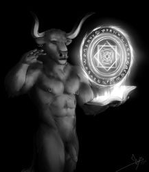 anthro bgn black_and_white bovid bovine cattle closed_eyes ear_piercing flaccid foreskin genitals hi_res horn magic male male_only mammal mandala monochrome nipple_piercing nipples open_book penis piercing rintrah_(marvel) solo