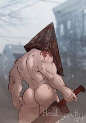 ass back_view bara blood gay headingsouth male male_only muscles muscular nude pyramid pyramid_head silent_hill silent_hill_2 solo solo_male weapon