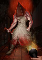 apron bara flashlight gay male male_only muscles muscular naughty_po pov pyramid pyramid_head silent_hill silent_hill_2 weapon