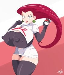 1girls aqua_eyes black_boots black_bra black_gloves black_pawpads black_thong black_underwear erect_nipples erect_nipples_under_clothes fat_ass female female_focus female_only huge_breasts huge_nipples jessie_(pokemon) light-skinned_female lipstick long_gloves long_hair miniskirt nintendo pokeball pokemon pokemon_rgby seductive short_shir short_skirt team_rocket thick_ass thick_thighs thigh_highs thighhighs toshiso voluptuous voluptuous_female white_shirt white_skirt wide_hips