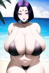 ai_generated beach belly_button big_breasts bikini black_bikini bob_cut choker clouds dc dc_comics female female_only front_view grey_skin huge_breasts jewel_on_forehead light-skinned_female lipstick looking_at_viewer nai_diffusion palm_tree plump purple_eyes purple_hair purple_lipstick rachel_roth raven_(dc) seaside stable_diffusion teen_titans voluptuous water