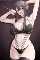 1girls armpits arms_behind_head arms_up aslindsamure assassin big_breasts black_hair black_legwear black_lingerie breasts censored choker cleavage female female_only floral_print flower_in_hair hair_ornament hairband nude_female red_eyes solo spy_x_family stiletto_(weapon) tagme thick_thighs thighhighs thorn_princess white_skin yor_briar