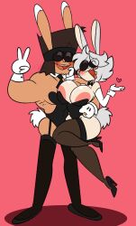 1boy 1girls big_breasts brown_hair bunny_girl bunnysuit cartoon_network cat_tail k.o._(ok_k.o.!_let's_be_heroes) light-skinned_female light-skinned_male light_skin ok_k.o.!_let's_be_heroes pixelzsinful revealing_clothes silver_hair swift_(pixelzsinful)