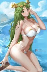 1girls bikini breasts clouds goddess green_eyes green_hair high_heels kid_icarus kid_icarus_uprising kneeling large_breasts long_hair looking_at_viewer midriff milf navel nintendo ocean outside palutena porblee sky swimsuit tiara water white_bikini white_swimsuit