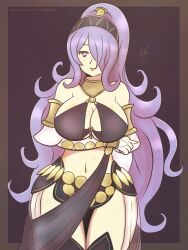 1girls alternate_costume alternate_hairstyle arm_under_breasts belly_dancer_outfit black_bra black_skirt bra breasts camilla_(fire_emblem) cosplay dancer female female_only fire_emblem fire_emblem_fates fire_emblem_heroes hair_over_one_eye hairband large_breasts looking_at_viewer midriff navel nintendo olivia_(fire_emblem)_(cosplay) ponytail purple_eyes purple_hair raydango skirt solo vambraces