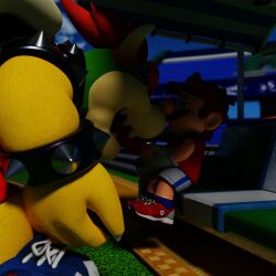 1:1 2022 3d anthro bedroom_eyes bowser clothing digital_media_(artwork) duo eye_contact footwear gay genitals hand_on_penis hi_res human human_on_anthro koopa licking looking_at_another male male/male male_human/male_anthro mammal mario mario_(series) mario_tennis masturbation night nintendo oral penile penis penis_lick scalie sex shade shoes signinout sitting size_difference sneakers tennis_court tongue tongue_out video_games visor