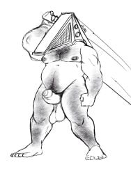 balls bara big_balls big_penis boner erection galaxyafterdark gay hairy male male_only monochrome muscles muscular penis pyramid pyramid_head silent_hill silent_hill_2 solo solo_male weapon weapon_over_shoulder