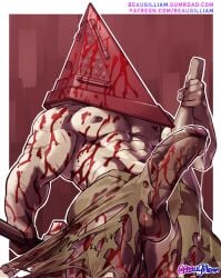 balls bara beaugilliam big_balls big_penis blood boner erection gay huge_cock male male_only muscles muscular penis precum pyramid pyramid_head ripped_clothing silent_hill silent_hill_(film) silent_hill_homecoming solo waist_apron weapon