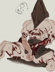 aliensdoodles balls bara big_penis blood boner erection male male_only muscles muscular penis pyramid pyramid_head silent_hill silent_hill_homecoming solo solo_male spread_legs testicles waist_apron