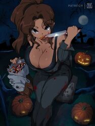 1980s_(style) 1girls big_breasts bishoujo_terror black_tank_top blood blood_on_breasts blood_on_knife blood_on_weapon bluethebone breasts brown_hair candy cleavage facemask female female_focus female_only food full_moon genderswap_(mtf) grey_eyes grey_jumpsuit halloween halloween_(series) holding holding_knife holding_object holding_weapon jack-o'-lantern jumpsuit knife large_breasts light-skinned_female light_skin looking_at_viewer michael_myers michael_myers_(bishoujo_terror) moon night outdoors ponytail pumpkin retro_artstyle rule_63 sidelocks solo solo_female solo_focus straight_hair tank_top thighs tombstone weapon