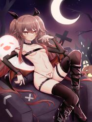 1girls :p black_footwear black_nails black_ribbon black_thighhighs boo_tao_(genshin_impact) boots breasts brown_hair chest_belt commentary_request crescent_moon demon_girl female female_only fingernails genshin_impact ghost habu_rin hair_between_eyes hair_ribbon halloween highres hu_tao_(genshin_impact) jack-o'-lantern jewelry leg_belt long_hair looking_at_viewer moon multiple_rings nail_polish navel night night_sky pubic_tattoo ribbon ring sitting sky small_breasts solo tattoo thighhighs tongue tongue_out twintails