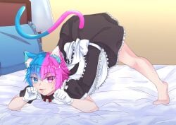 1boy ass_up bedroom bedroom_setting blue_eye cat_ears cat_tail catboy crossdressing envtuber femboy gloves hair_between_eyes honestevolution indie_virtual_youtuber jack-o_pose maid maid_outfit maid_uniform multicolored_ears multicolored_eyes multicolored_hair multicolored_tail nekomimi paw_pose pink_eye solo solo_focus thighhighs trap twitch.tv virtual_youtuber vtuber